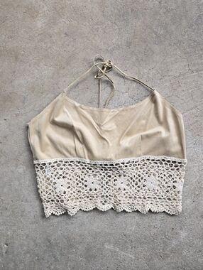 Y2k Vintage Tie Halter Top Festival Indie Boho Crop Coachella Faux Suede M